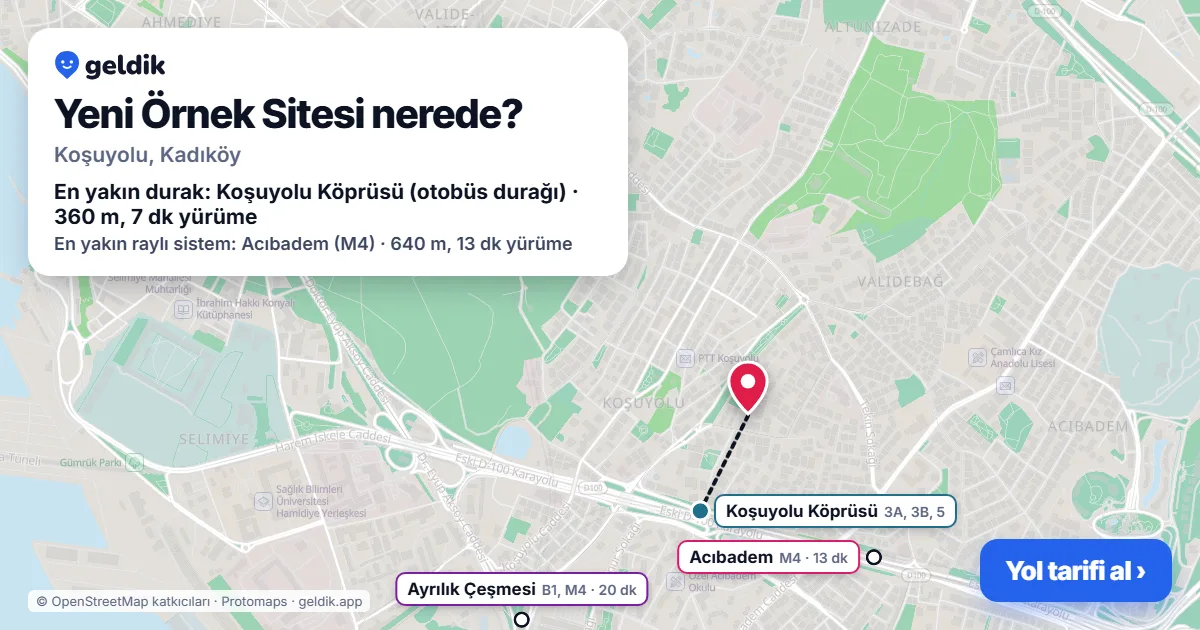 Yeni Örnek Sitesi nerede: haritada konumu ve en yakın duraklar, yürüme süreleriyle