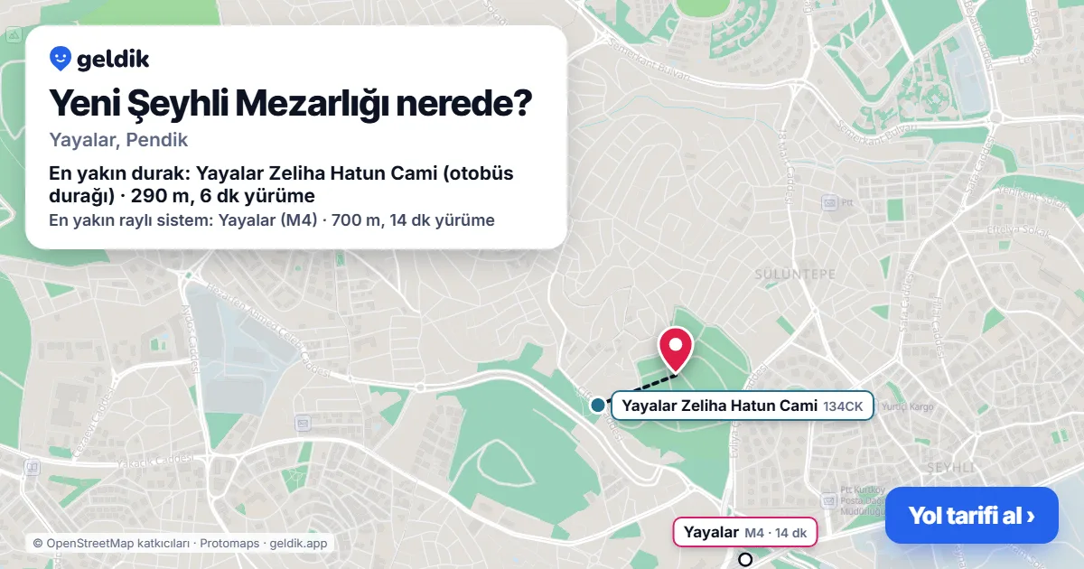 Yeni Şeyhli Mezarlığı nerede: haritada konumu ve en yakın duraklar, yürüme süreleriyle