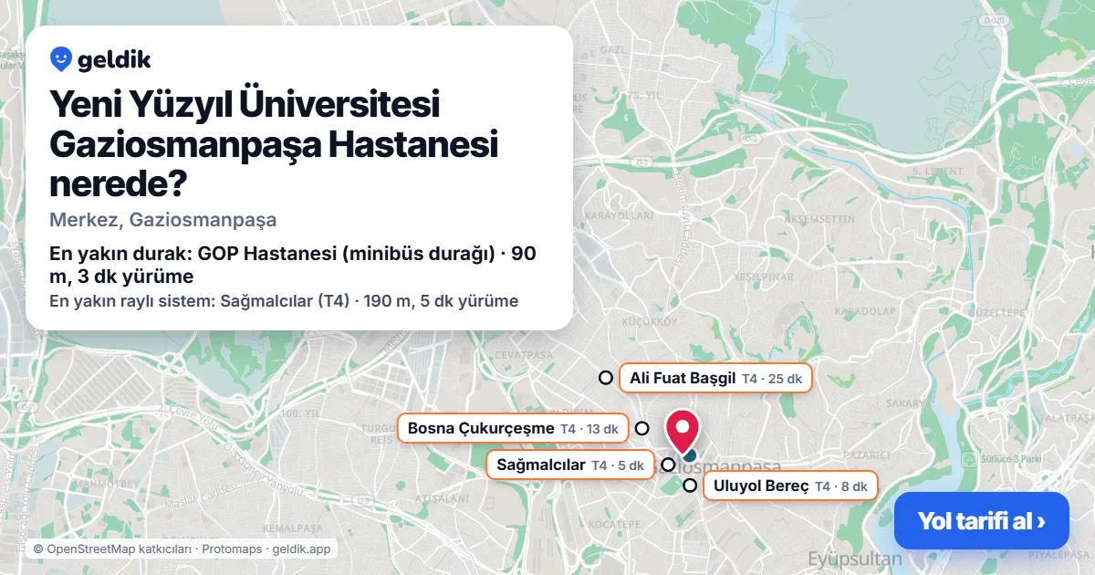 Where is Yeni Yüzyıl Üniversitesi Gaziosmanpaşa Hastanesi: map with its location and the nearest stops, with walking times
