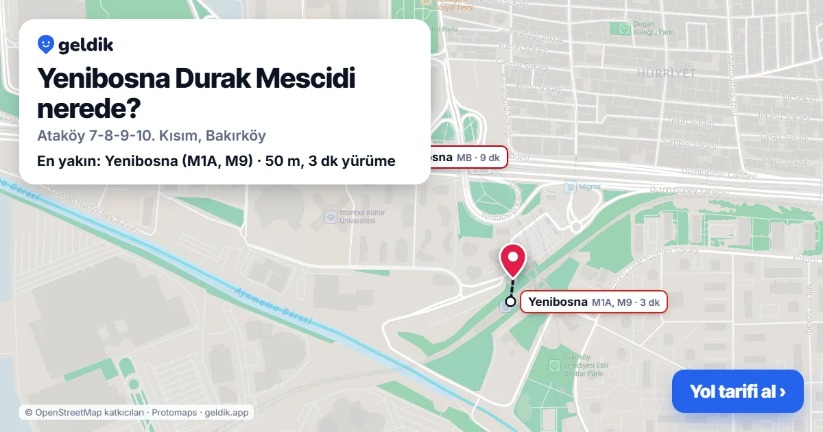 Yenibosna Durak Mescidi nerede: haritada konumu ve en yakın duraklar, yürüme süreleriyle