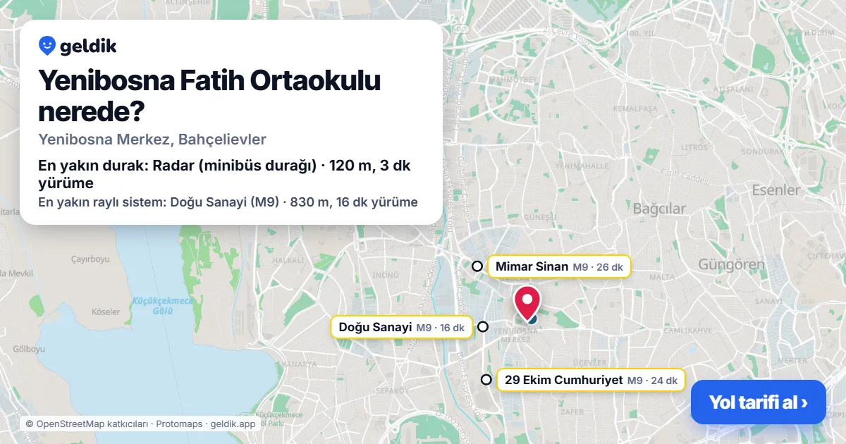 Where is Yenibosna Fatih Ortaokulu: map with its location and the nearest stops, with walking times
