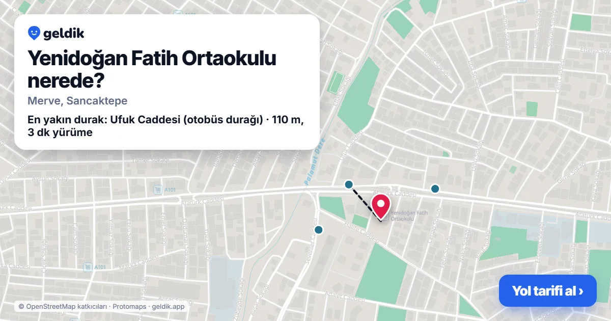 Where is Yenidoğan Fatih Ortaokulu: map with its location and the nearest stops, with walking times