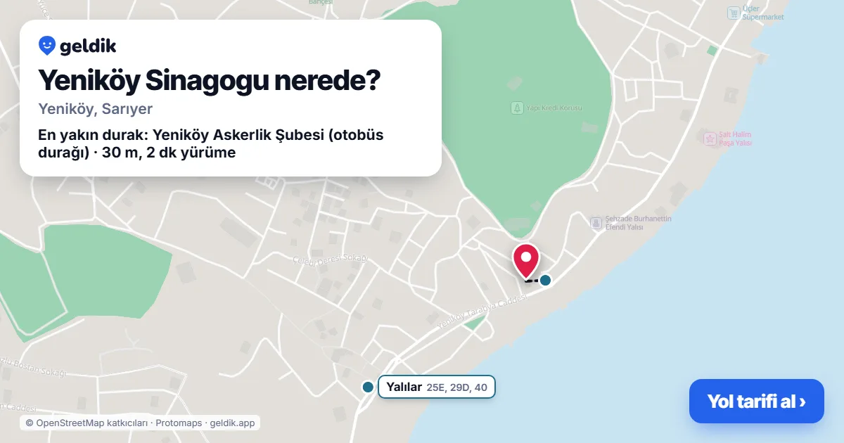 Where is Yeniköy Sinagogu: map with its location and the nearest stops, with walking times