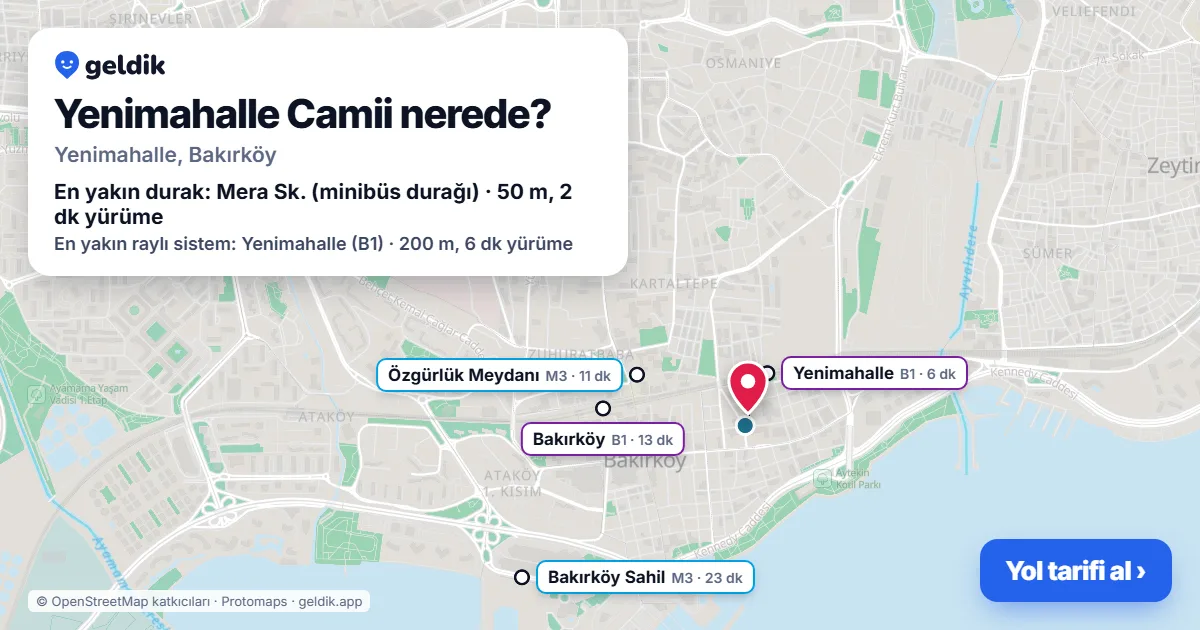 Where is Yenimahalle Camii: map with its location and the nearest stops, with walking times