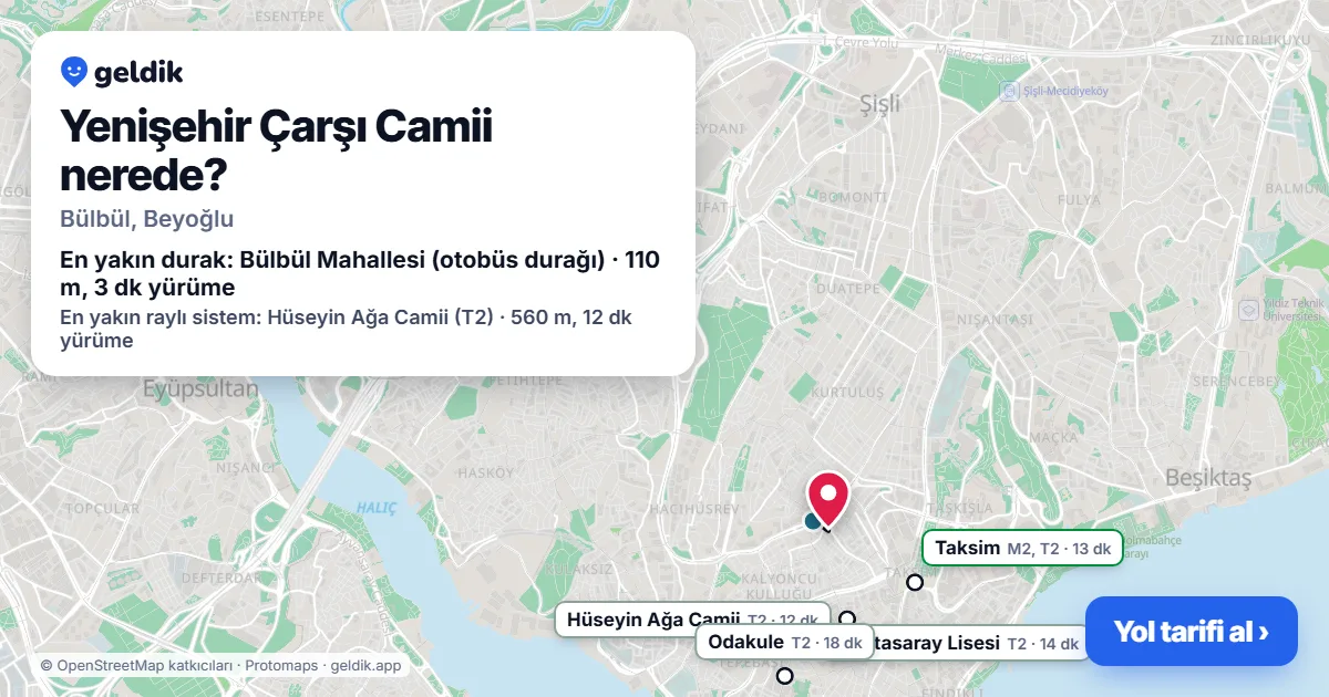 Yenişehir Çarşı Camii nerede: haritada konumu ve en yakın duraklar, yürüme süreleriyle
