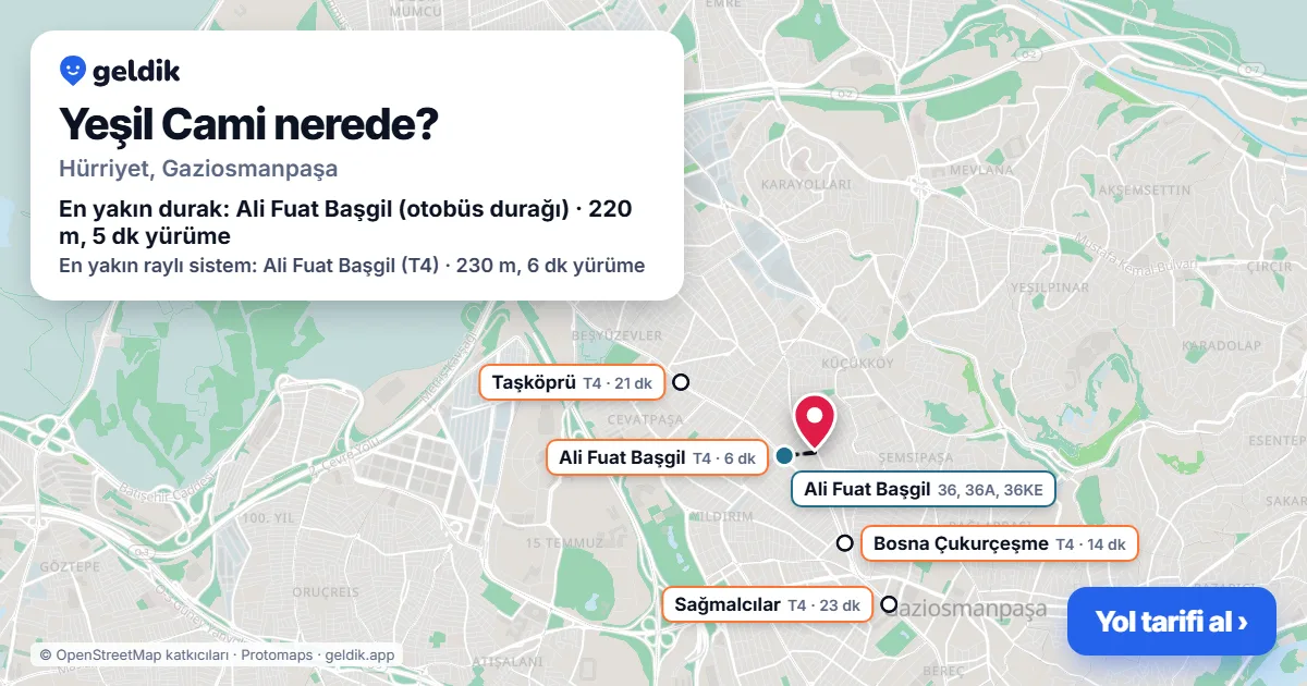 Where is Yeşil Cami: map with its location and the nearest stops, with walking times