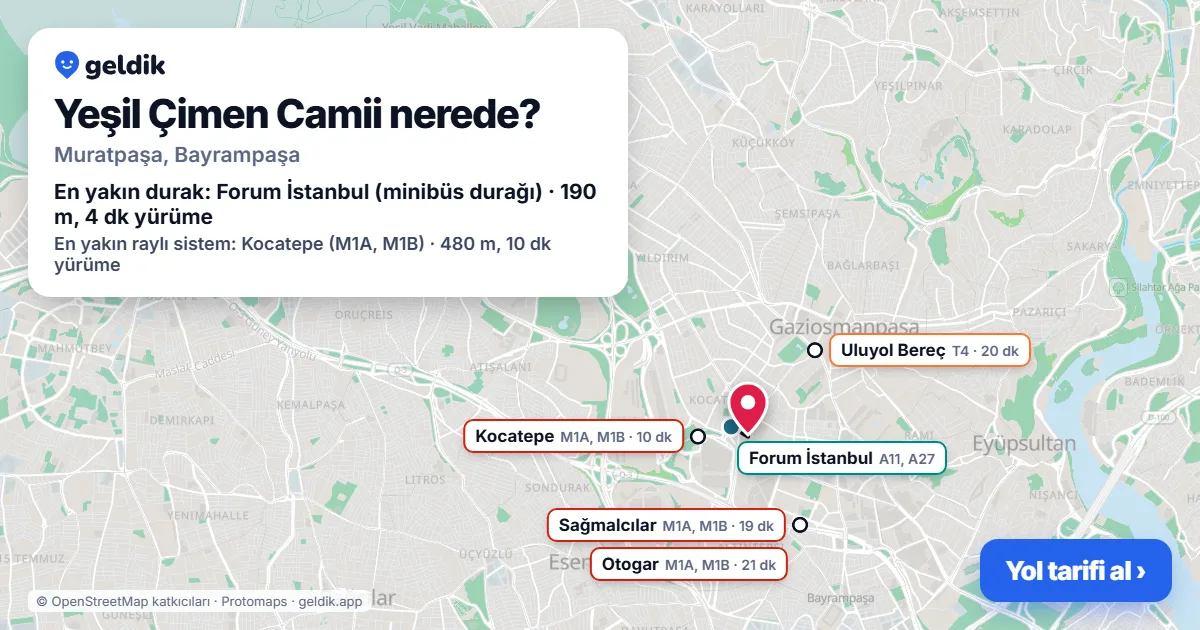 Where is Yeşil Çimen Camii: map with its location and the nearest stops, with walking times