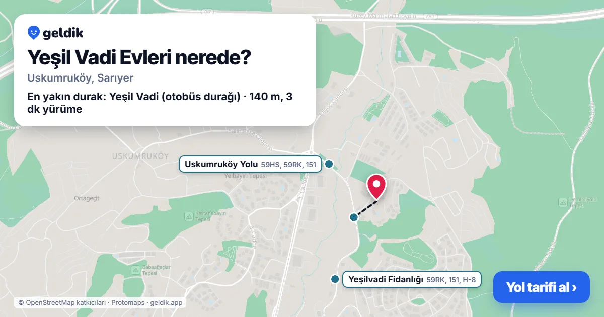 Where is Yeşil Vadi Evleri: map with its location and the nearest stops, with walking times