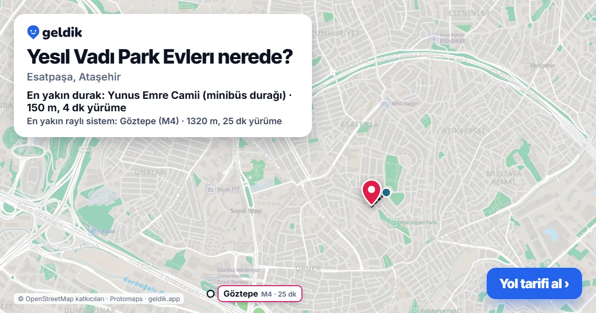 Yesıl Vadı Park Evlerı nerede: haritada konumu ve en yakın duraklar, yürüme süreleriyle