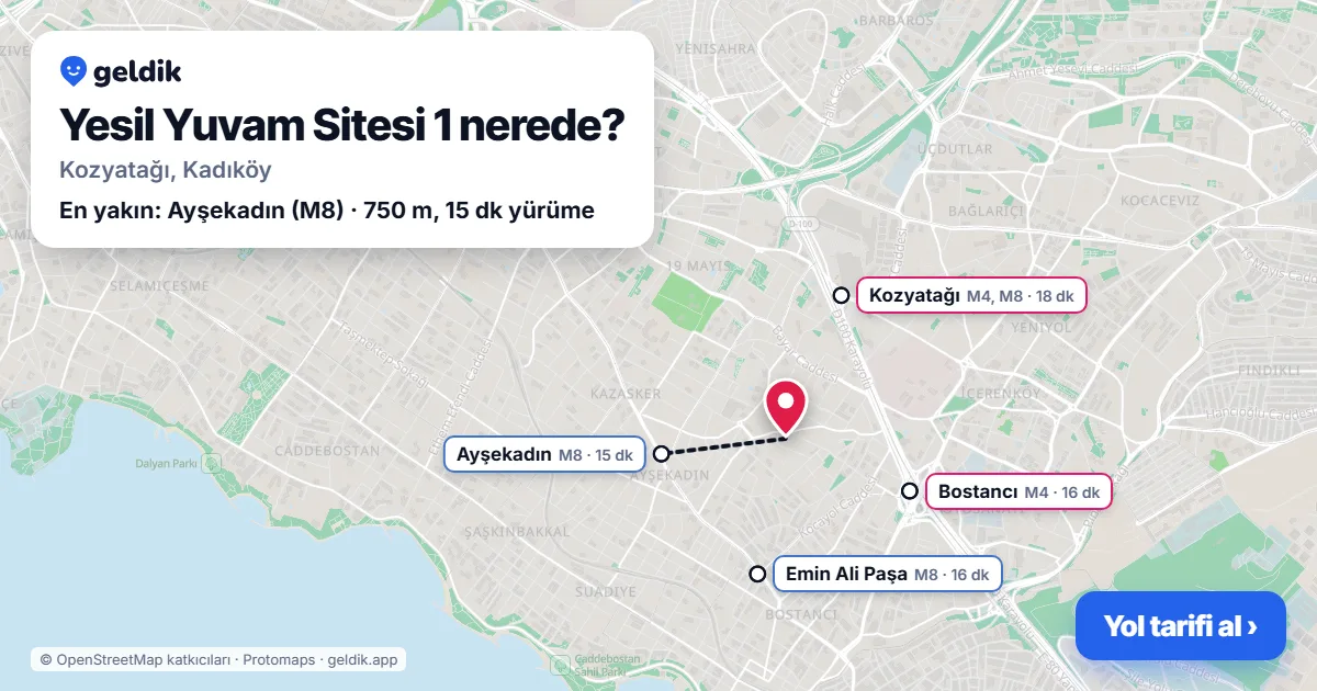 Yesil Yuvam Sitesi 1 nerede: haritada konumu ve en yakın duraklar, yürüme süreleriyle