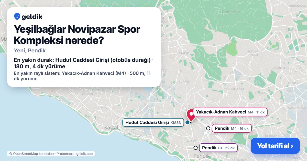 Yeşilbağlar Novipazar Spor Kompleksi nerede: haritada konumu ve en yakın duraklar, yürüme süreleriyle