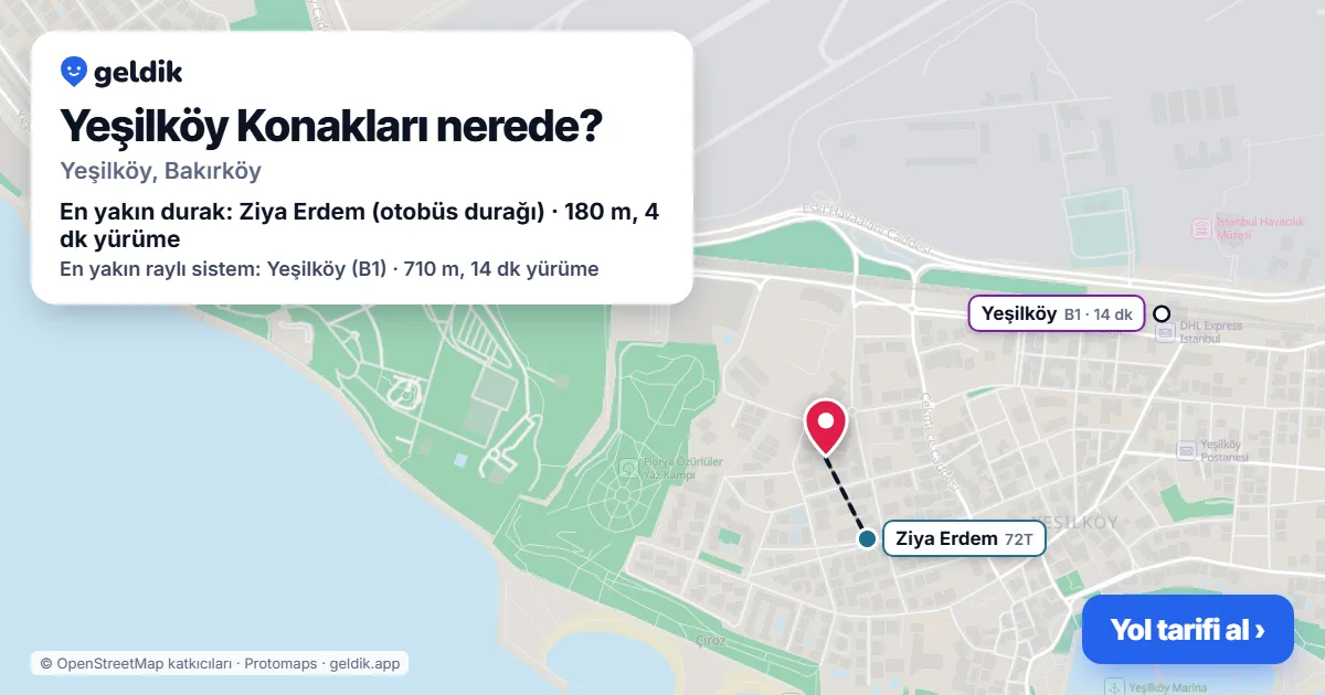Yeşilköy Konakları nerede: haritada konumu ve en yakın duraklar, yürüme süreleriyle