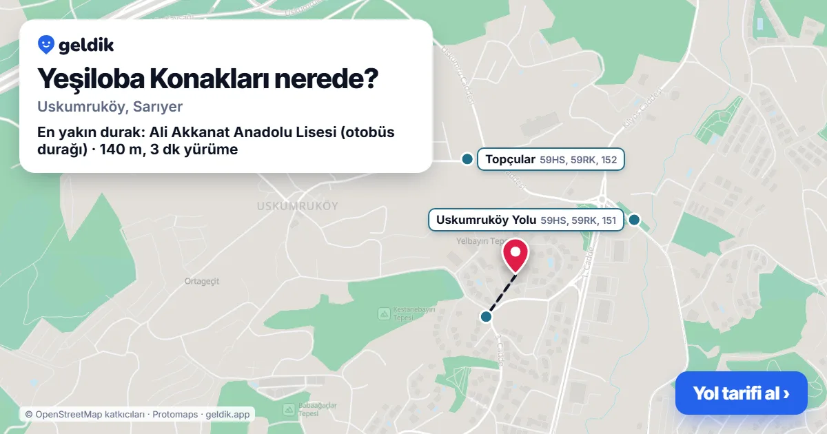 Where is Yeşiloba Konakları: map with its location and the nearest stops, with walking times