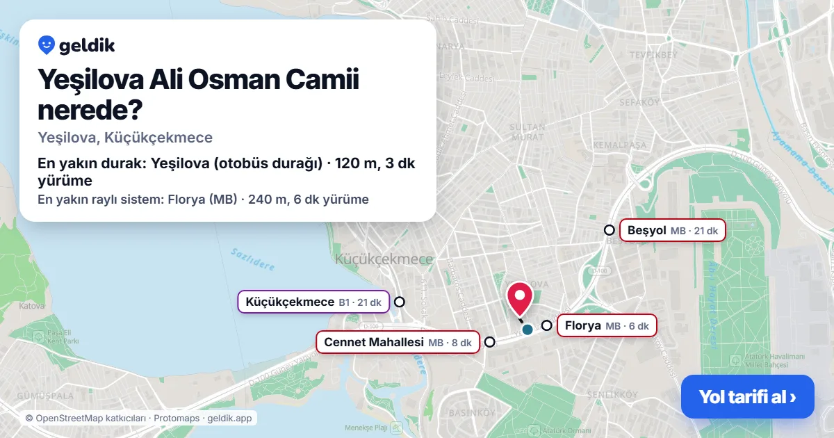 Yeşilova Ali Osman Camii nerede: haritada konumu ve en yakın duraklar, yürüme süreleriyle