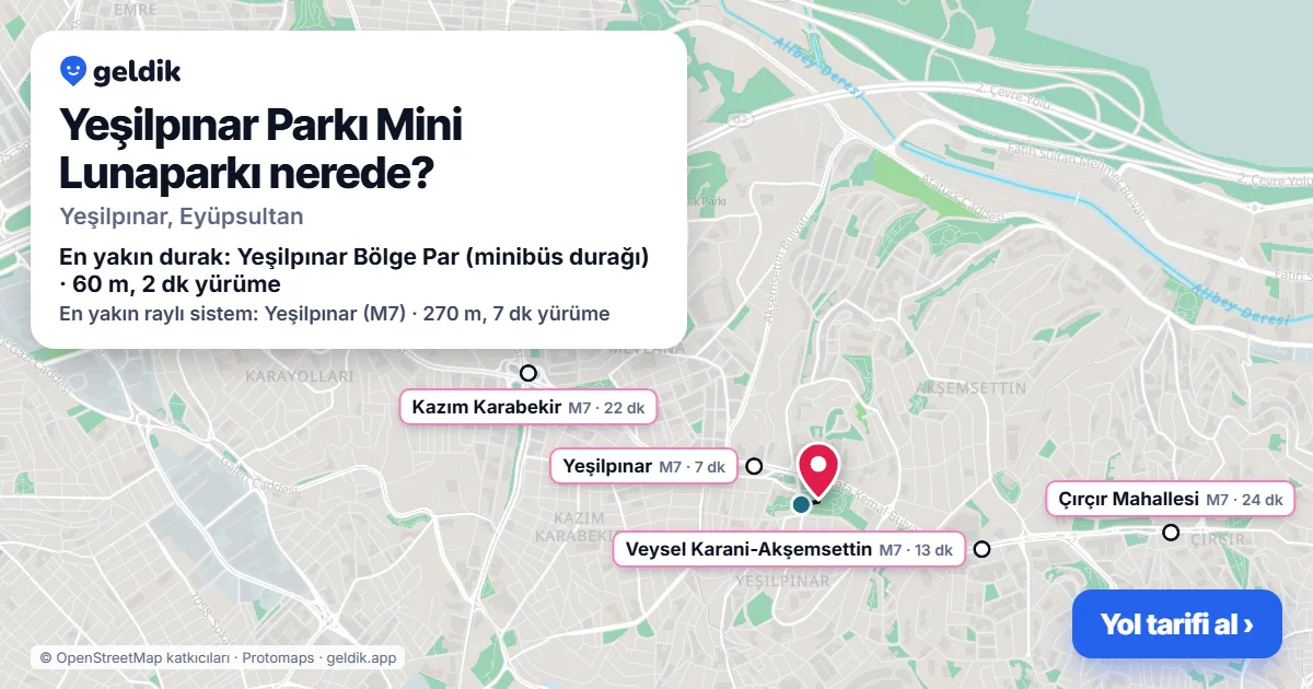 Yeşilpınar Parkı Mini Lunaparkı nerede: haritada konumu ve en yakın duraklar, yürüme süreleriyle