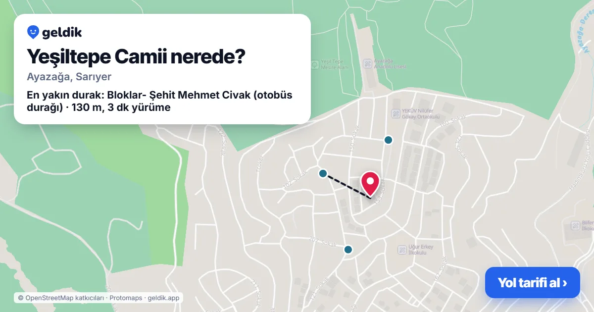 Yeşiltepe Camii nerede: haritada konumu ve en yakın duraklar, yürüme süreleriyle