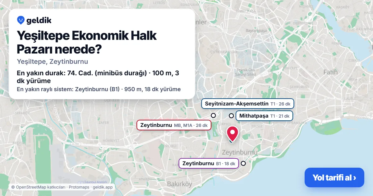 Where is Yeşiltepe Ekonomik Halk Pazarı: map with its location and the nearest stops, with walking times