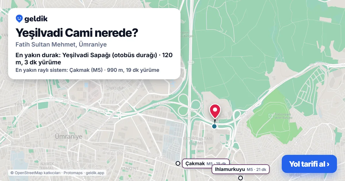 Where is Yeşilvadi Cami: map with its location and the nearest stops, with walking times