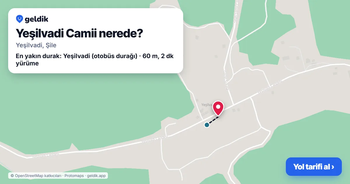 Where is Yeşilvadi Camii: map with its location and the nearest stops, with walking times