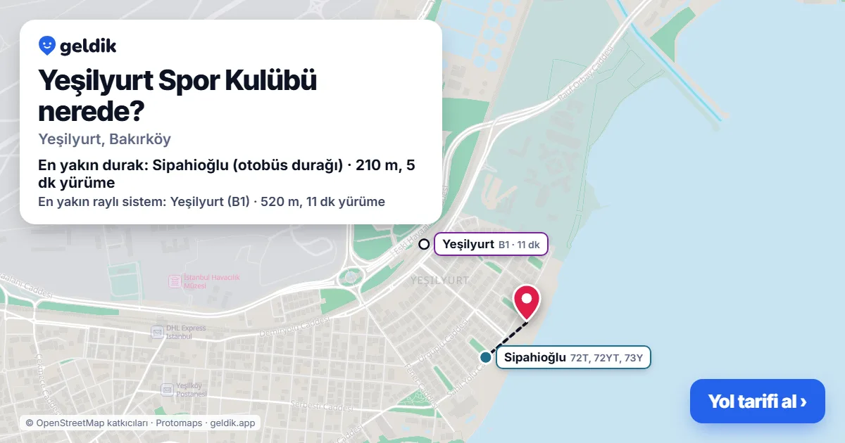 Where is Yeşilyurt Spor Kulübü: map with its location and the nearest stops, with walking times