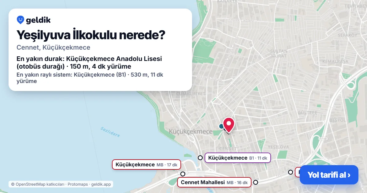 Yeşilyuva İlkokulu nerede: haritada konumu ve en yakın duraklar, yürüme süreleriyle