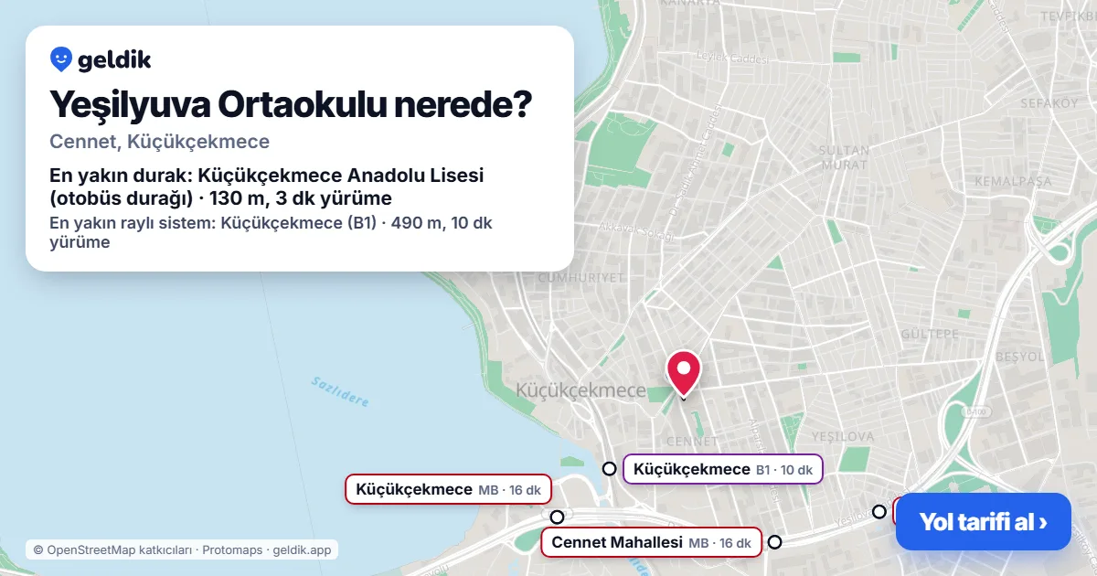 Yeşilyuva Ortaokulu nerede: haritada konumu ve en yakın duraklar, yürüme süreleriyle