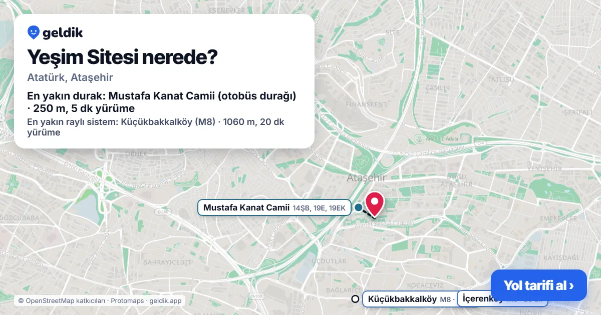 Yeşim Sitesi nerede: haritada konumu ve en yakın duraklar, yürüme süreleriyle