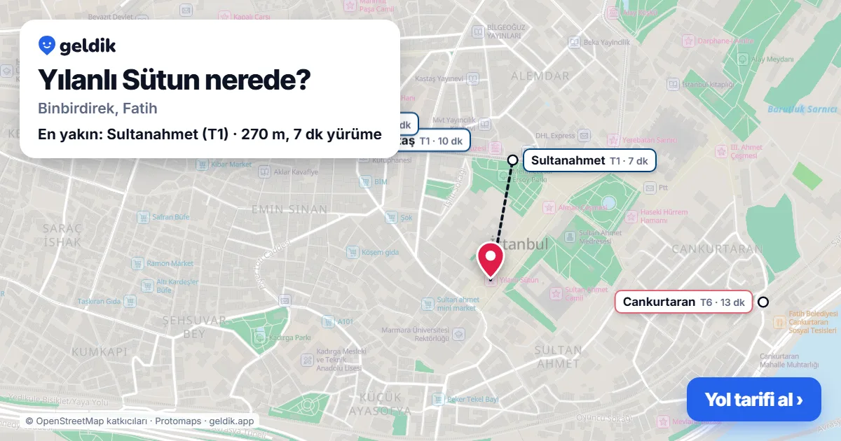 Yılanlı Sütun nerede: haritada konumu ve en yakın duraklar, yürüme süreleriyle