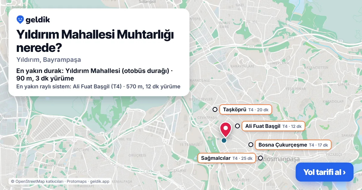 Where is Yıldırım Mahallesi Muhtarlığı: map with its location and the nearest stops, with walking times