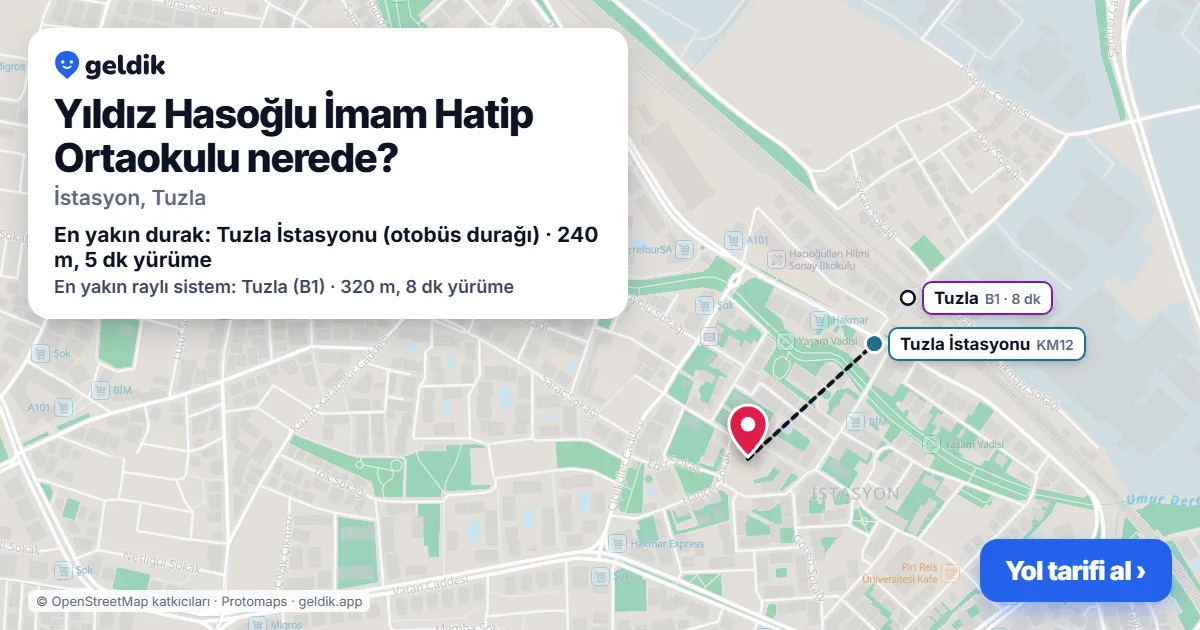 Where is Yıldız Hasoğlu İmam Hatip Ortaokulu: map with its location and the nearest stops, with walking times