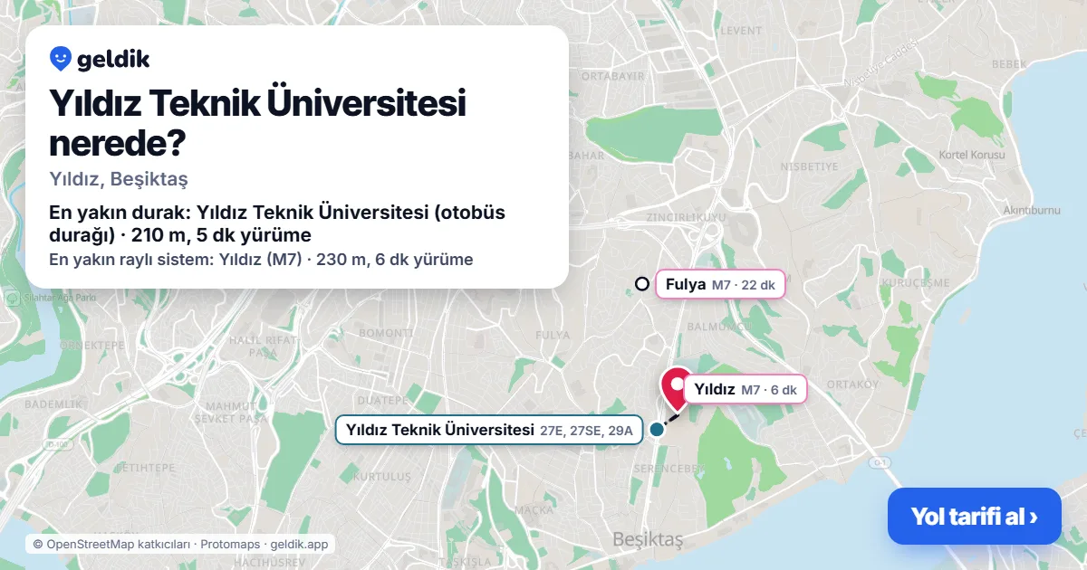 Yıldız Teknik Üniversitesi nerede: haritada konumu ve en yakın duraklar, yürüme süreleriyle