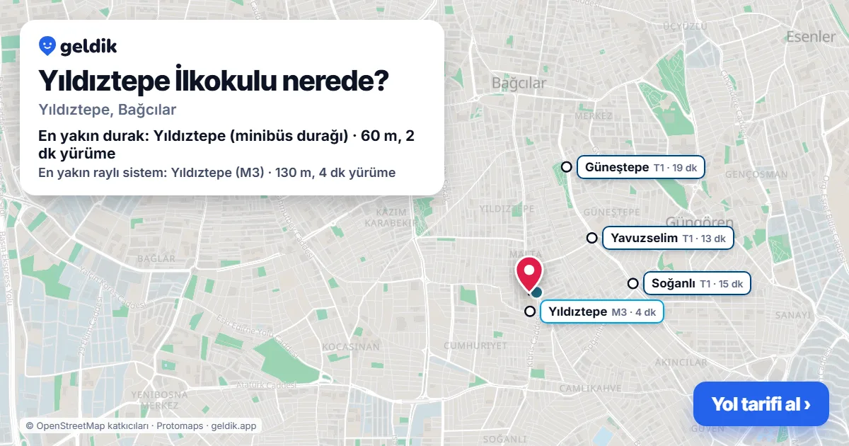 Where is Yıldıztepe İlkokulu: map with its location and the nearest stops, with walking times