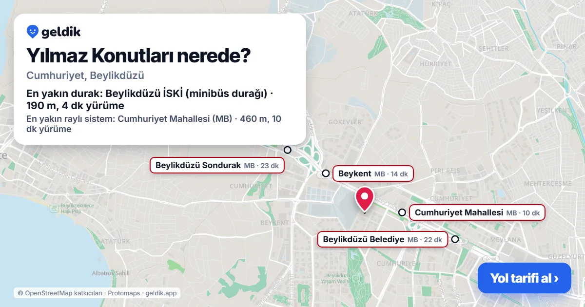Yılmaz Konutları nerede: haritada konumu ve en yakın duraklar, yürüme süreleriyle