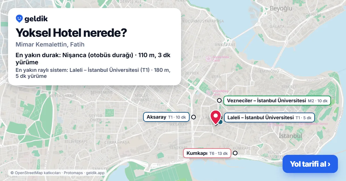 Yoksel Hotel nerede: haritada konumu ve en yakın duraklar, yürüme süreleriyle