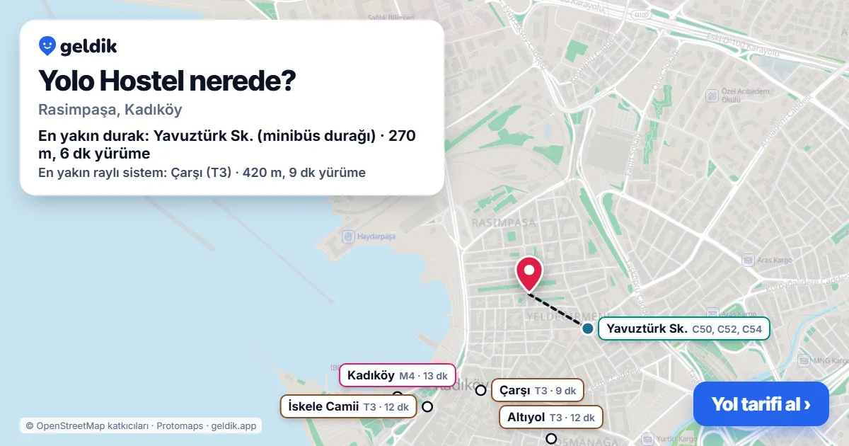Where is Yolo Hostel: map with its location and the nearest stops, with walking times