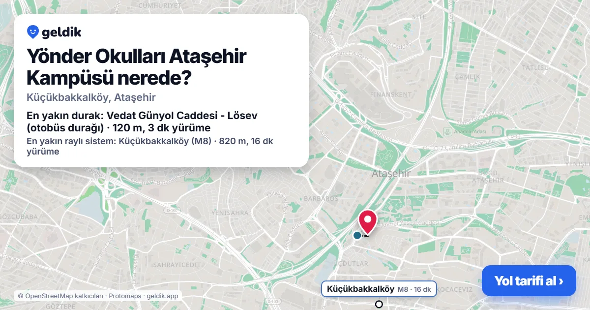 Where is Yönder Okulları Ataşehir Kampüsü: map with its location and the nearest stops, with walking times