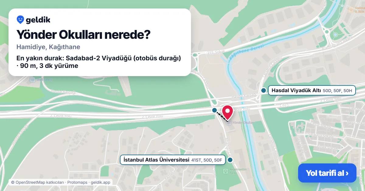 Yönder Okulları nerede: haritada konumu ve en yakın duraklar, yürüme süreleriyle