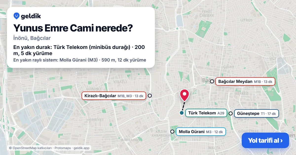 Where is Yunus Emre Cami: map with its location and the nearest stops, with walking times