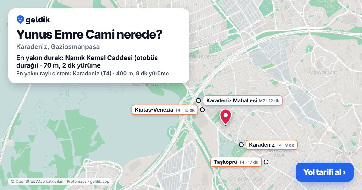 Yunus Emre Cami nerede: haritada konumu ve en yakın duraklar, yürüme süreleriyle