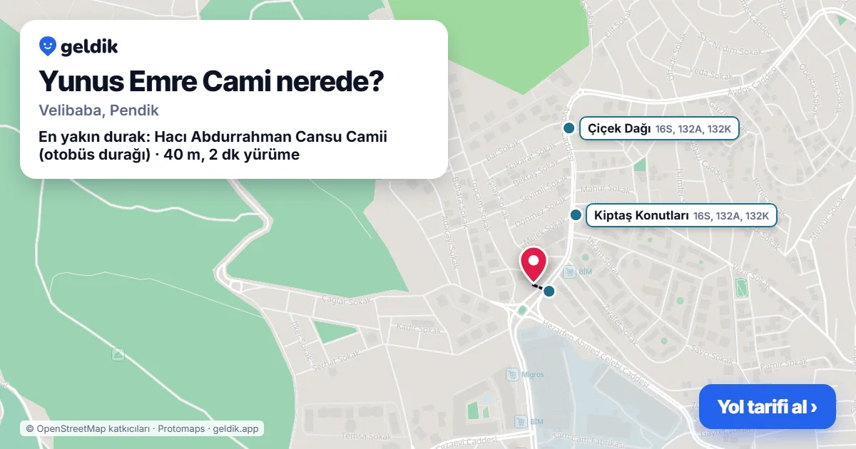 Where is Yunus Emre Cami: map with its location and the nearest stops, with walking times