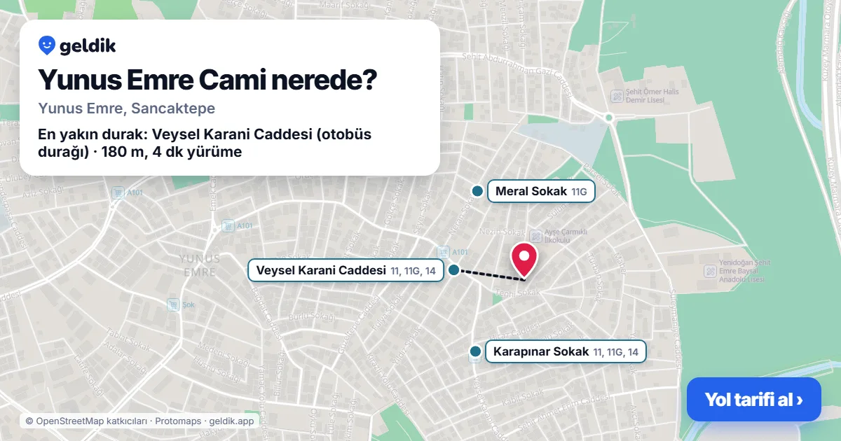 Yunus Emre Cami nerede: haritada konumu ve en yakın duraklar, yürüme süreleriyle