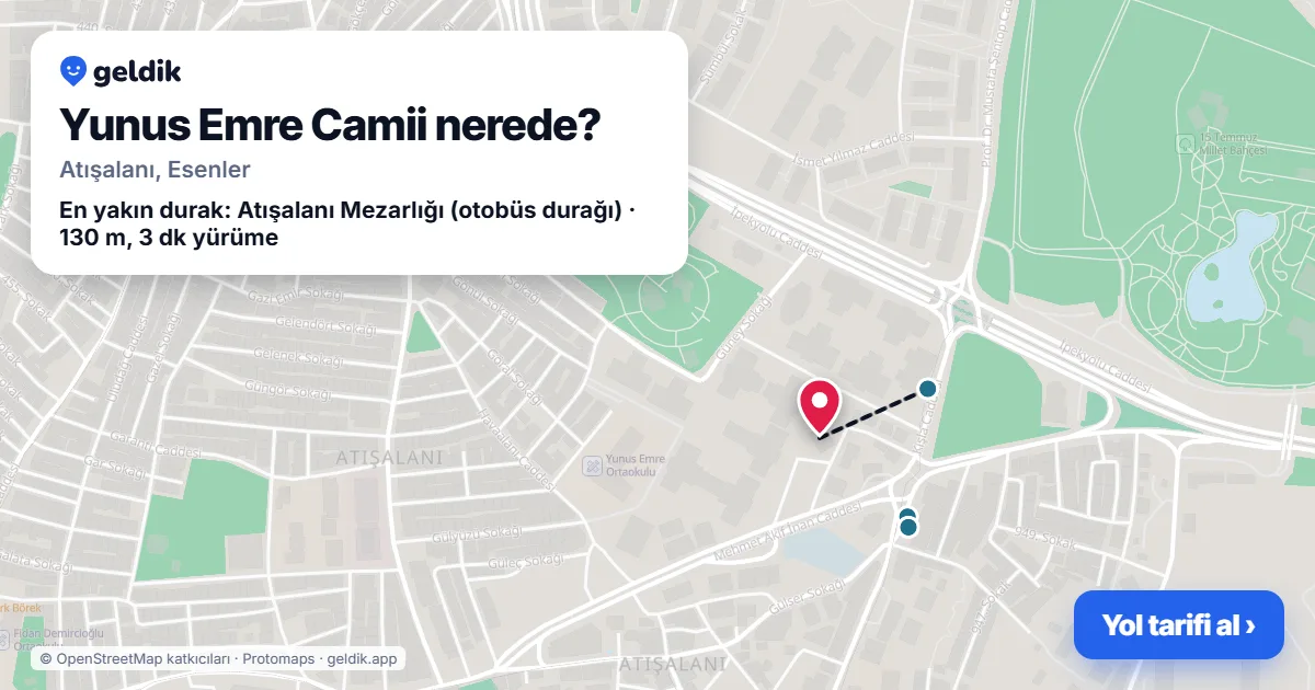 Where is Yunus Emre Camii: map with its location and the nearest stops, with walking times