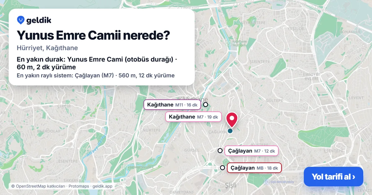 Yunus Emre Camii nerede: haritada konumu ve en yakın duraklar, yürüme süreleriyle