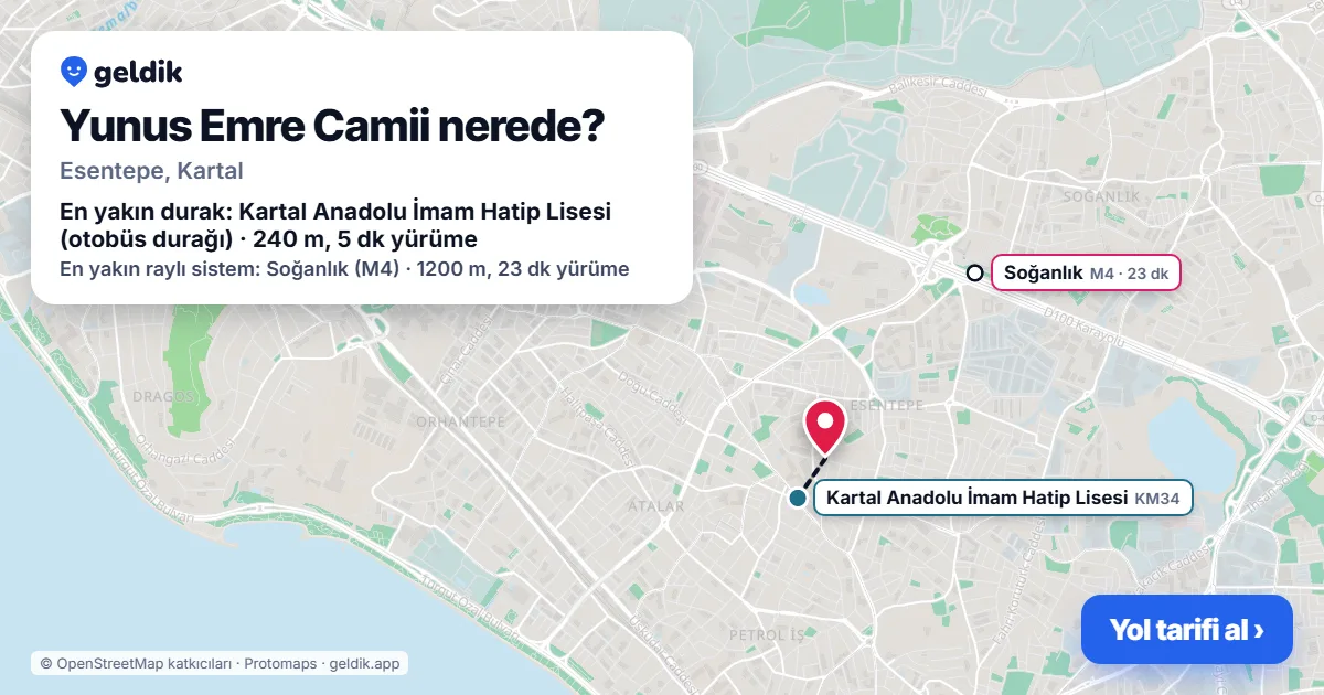 Yunus Emre Camii nerede: haritada konumu ve en yakın duraklar, yürüme süreleriyle