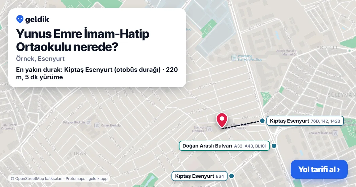 Yunus Emre İmam-Hatip Ortaokulu nerede: haritada konumu ve en yakın duraklar, yürüme süreleriyle