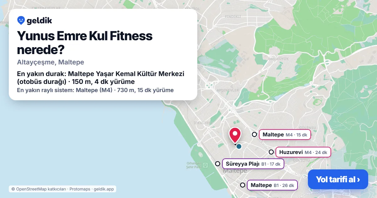Where is Yunus Emre Kul Fitness: map with its location and the nearest stops, with walking times
