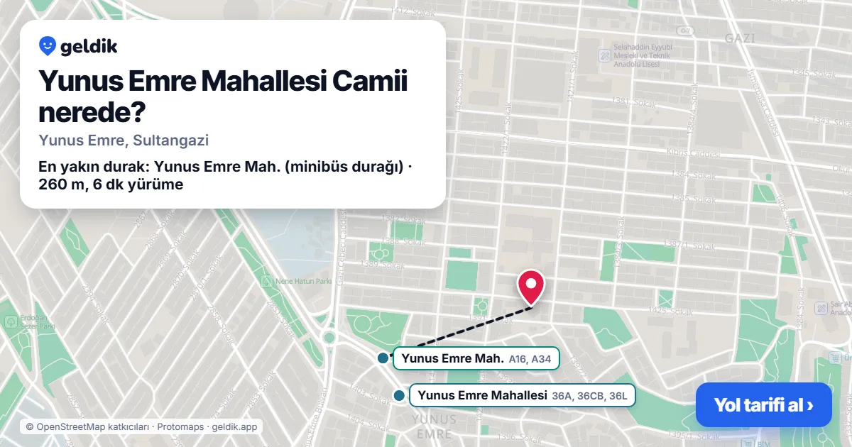 Yunus Emre Mahallesi Camii nerede: haritada konumu ve en yakın duraklar, yürüme süreleriyle
