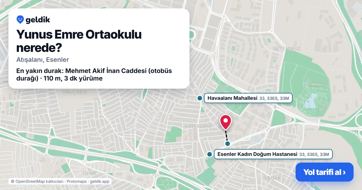 Yunus Emre Ortaokulu nerede: haritada konumu ve en yakın duraklar, yürüme süreleriyle