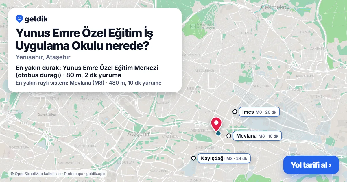 Yunus Emre Özel Eğitim İş Uygulama Okulu nerede: haritada konumu ve en yakın duraklar, yürüme süreleriyle