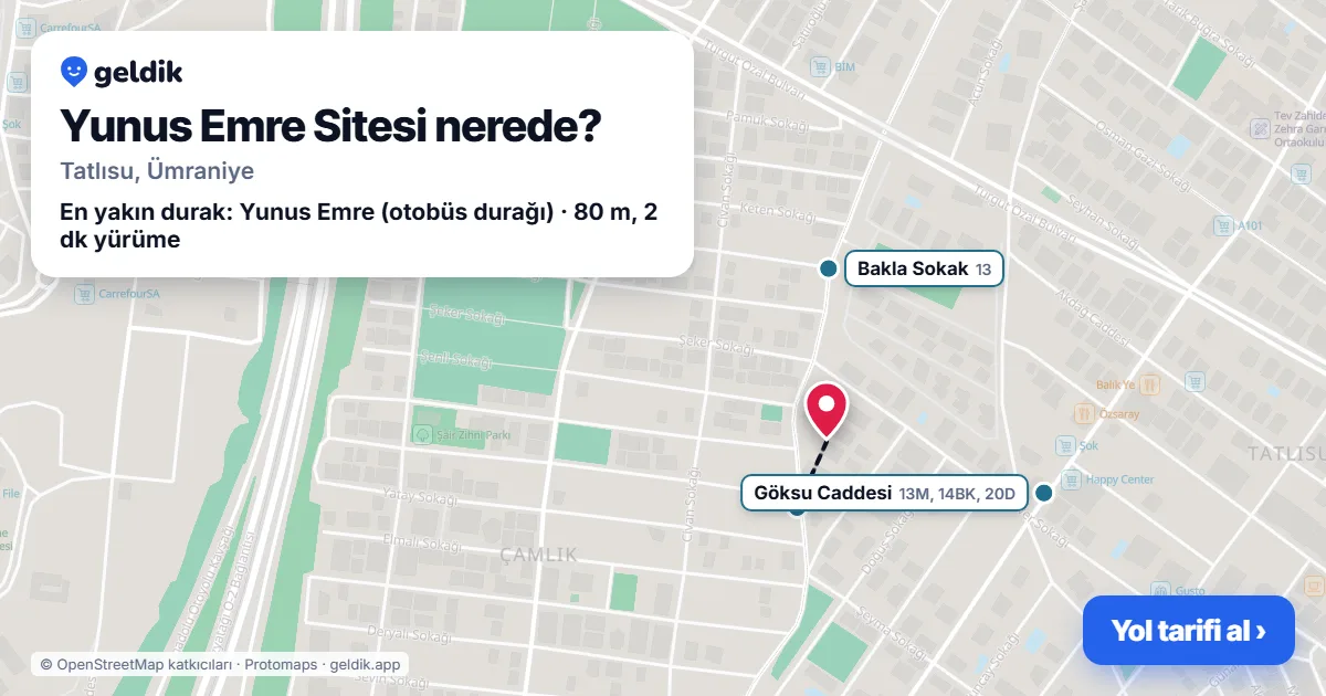 Where is Yunus Emre Sitesi: map with its location and the nearest stops, with walking times